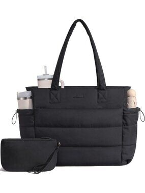Stylish Tote Bag for Women with Tumbler Holder, Puffer Laptop Handbag for Work